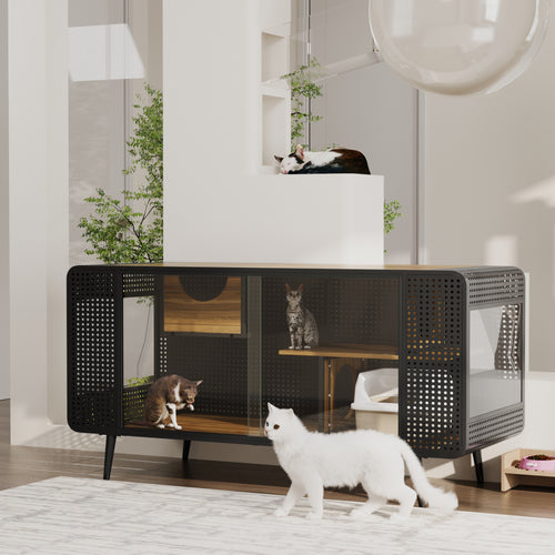 55.12" Spacious Cat House with Tempered Glass