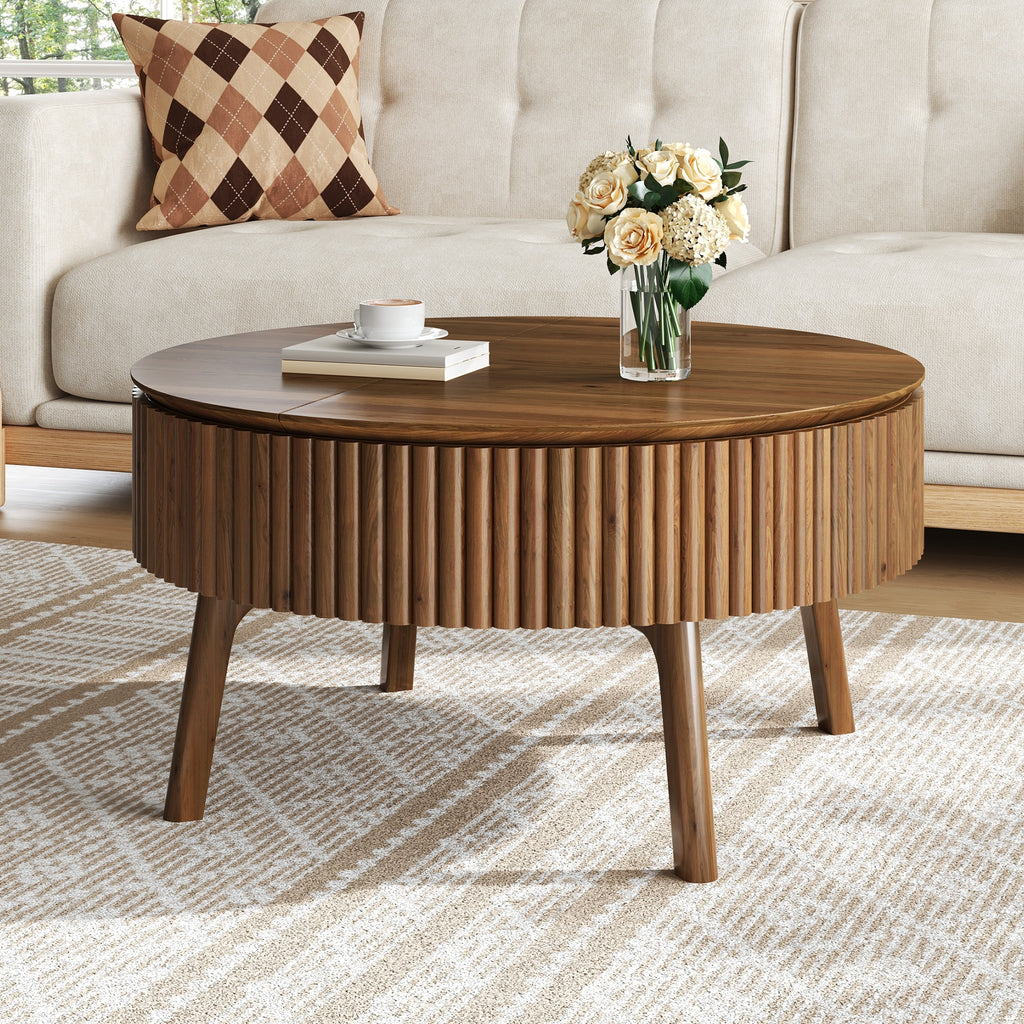 Modern Round Lift-Top Coffee Table with Half Flip-Top & Hidden Storage