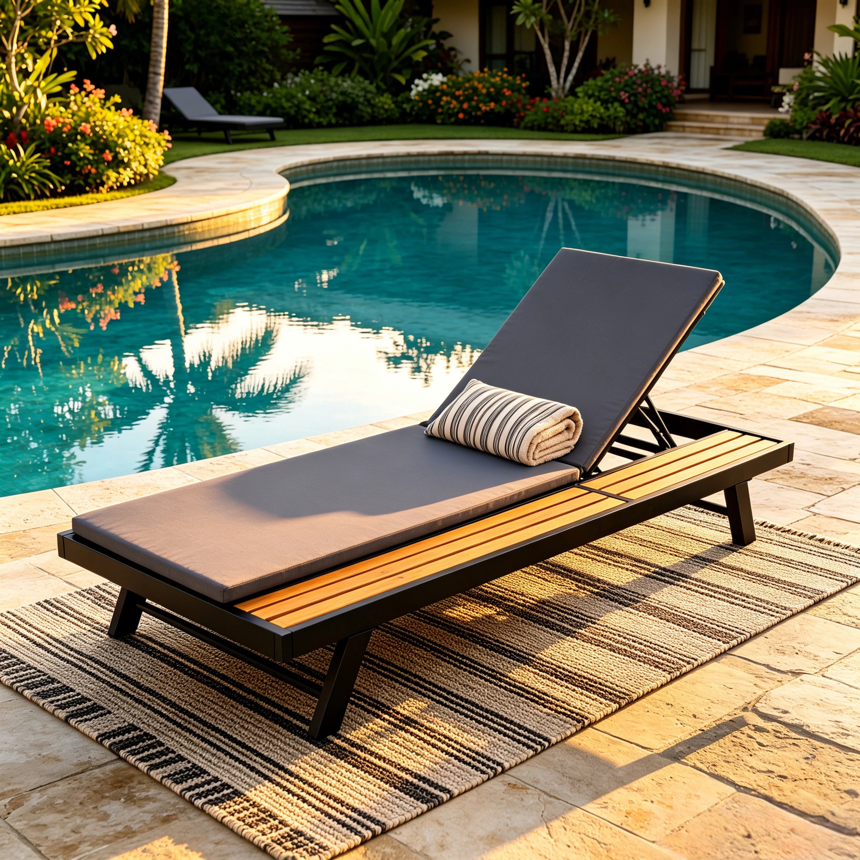 Black Iron + Teak Finish Outdoor Chaise Lounge Set with Dark