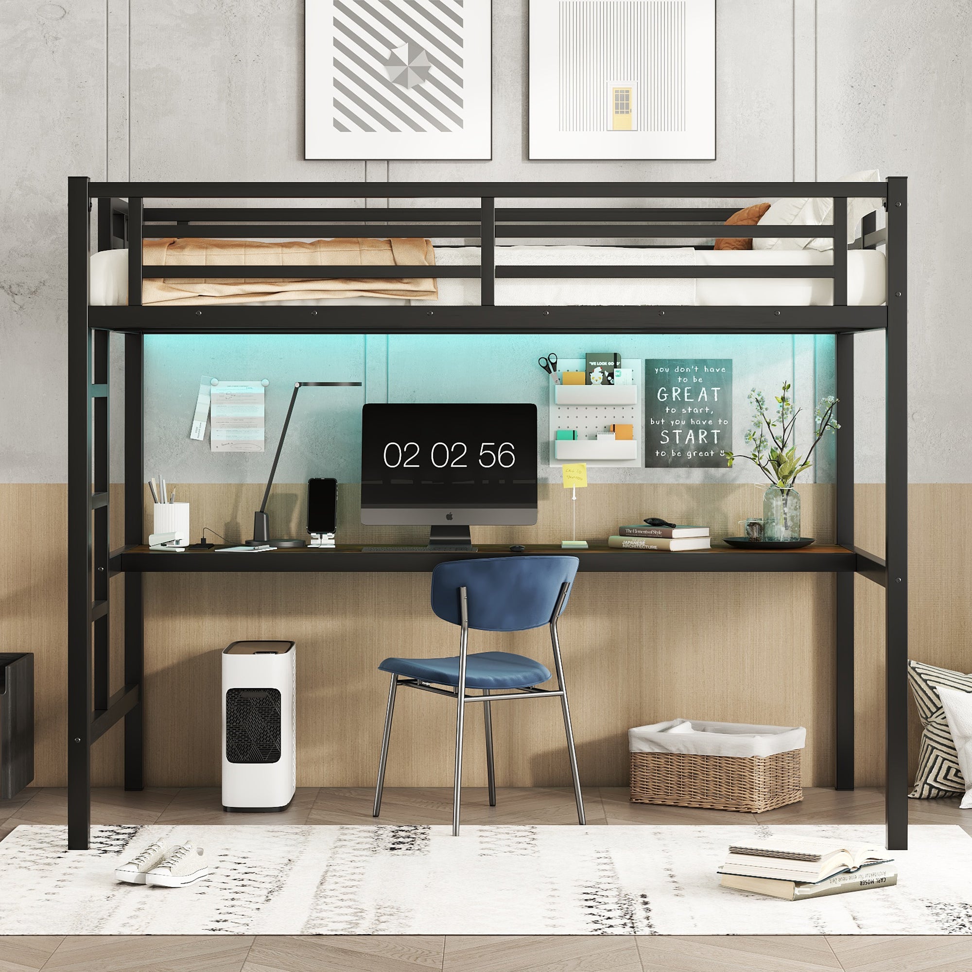 Metal Twin XL Loft Bed with Power Outlet and LED Light