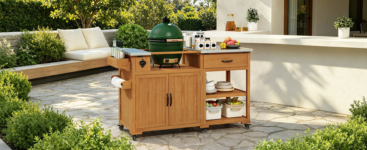 TOPMAX 55.4-Inch Outdoor Wood Kitchen Cart with Stainless Steel Top, Natural