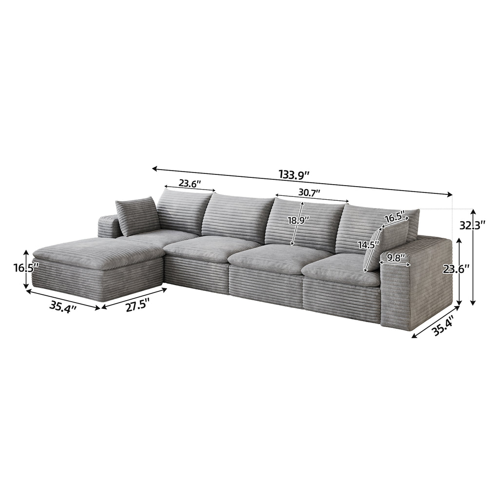 Cloud Sofa 134-Inch, Corduroy Fabric, Deep Seat, Grey