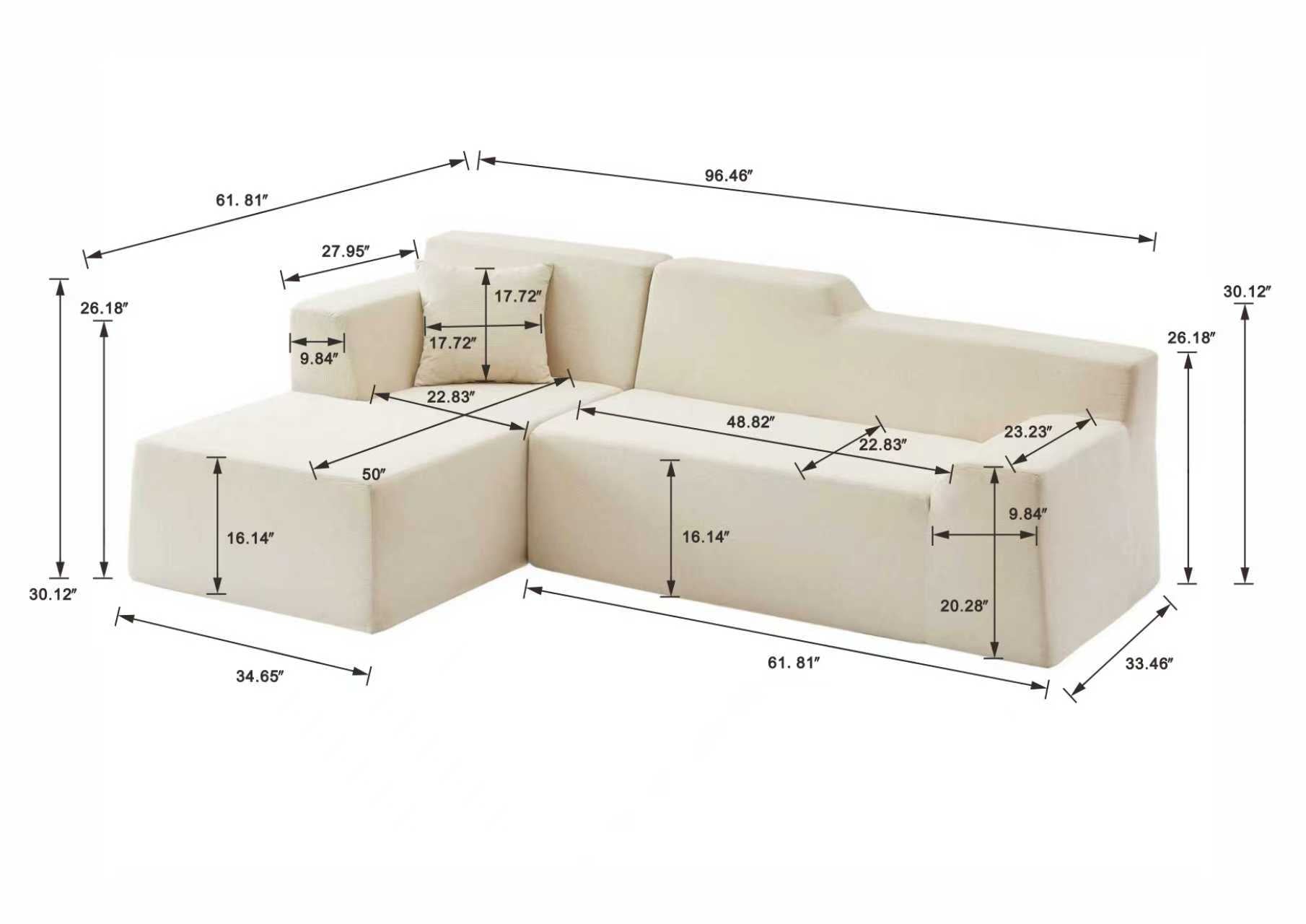 Modern Minimalist L-Shaped Corduroy High Back Sofa