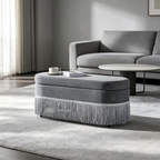 Oval Upholstered Storage Ottoman with Fringe Trim & Lift-Top Lid