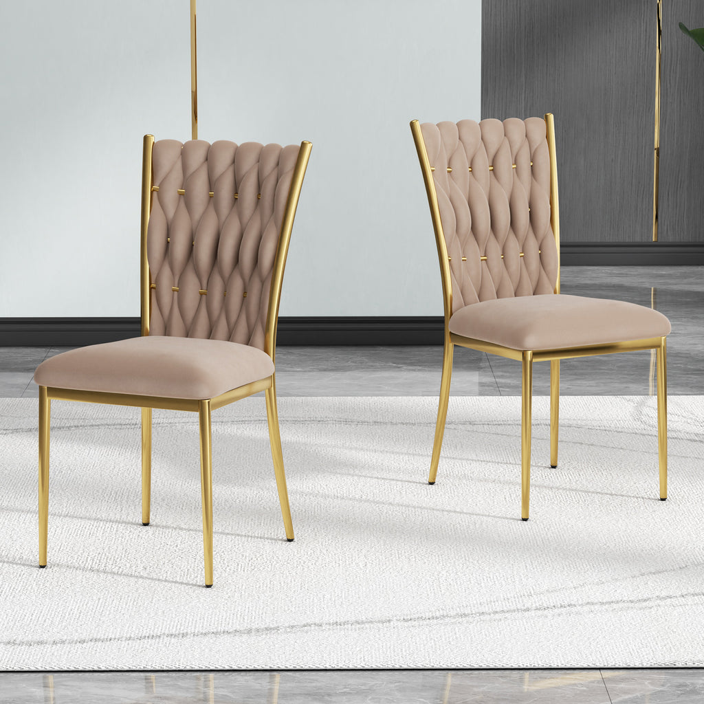 Modern Simple Velvet Dining Chair, Brown, Gold Metal Legs, Set of 2