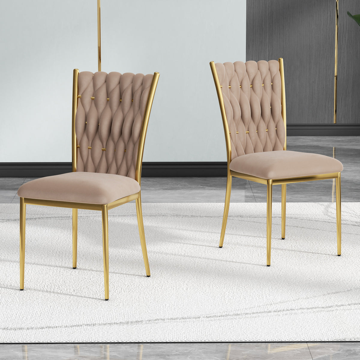 Modern Simple Velvet Dining Chair, Brown, Gold Metal Legs, Set of 2