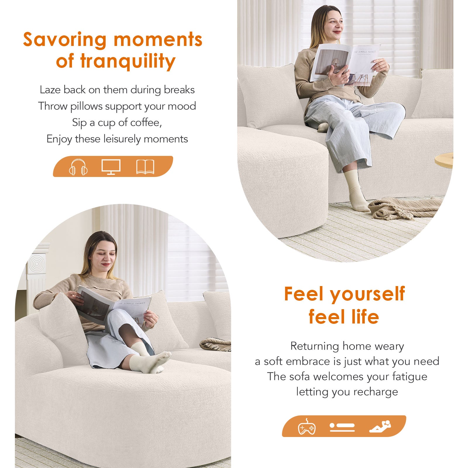 Boneless L-Shape Sectional Sofa with Curved Chaise
