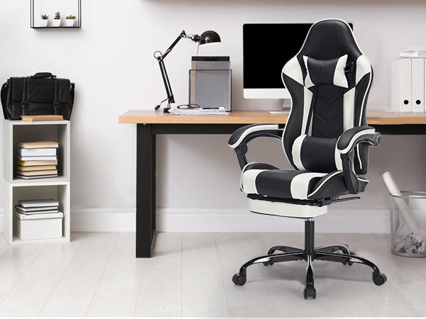 Gaming Chair with Footrest, Ergonomic Computer Chair, Black White Leather