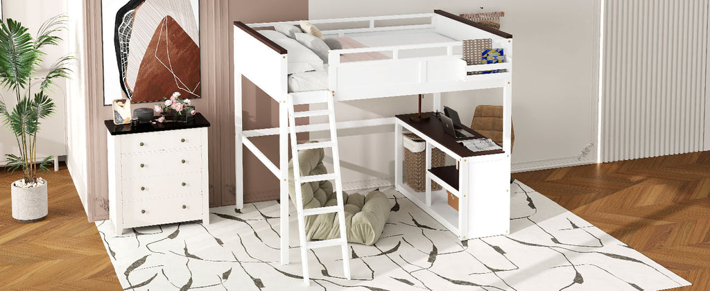 Queen Size Loft Bed With Desk, Open Shelf And Storage Box