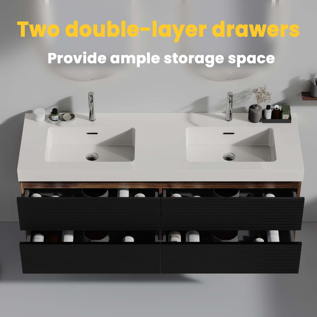 Grace 60-Inch Wall-Mounted Bathroom Vanity, Walnut and Black, Double Sink