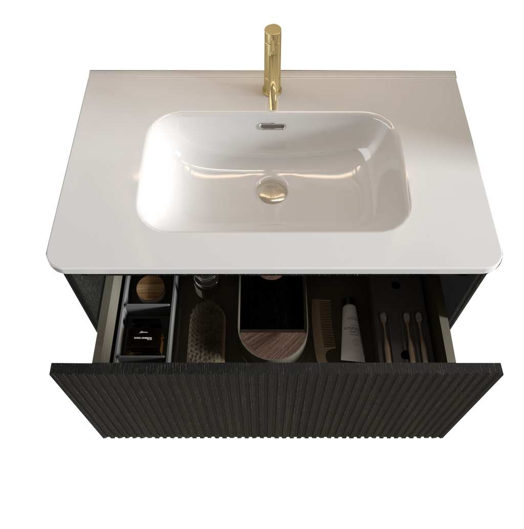 Etna 30-Inch Floating Bathroom Vanity, Black Melamine with White Ceramic Sink