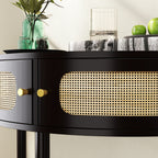 Unique Half Moon Design End Table with Sliding Rattan Door