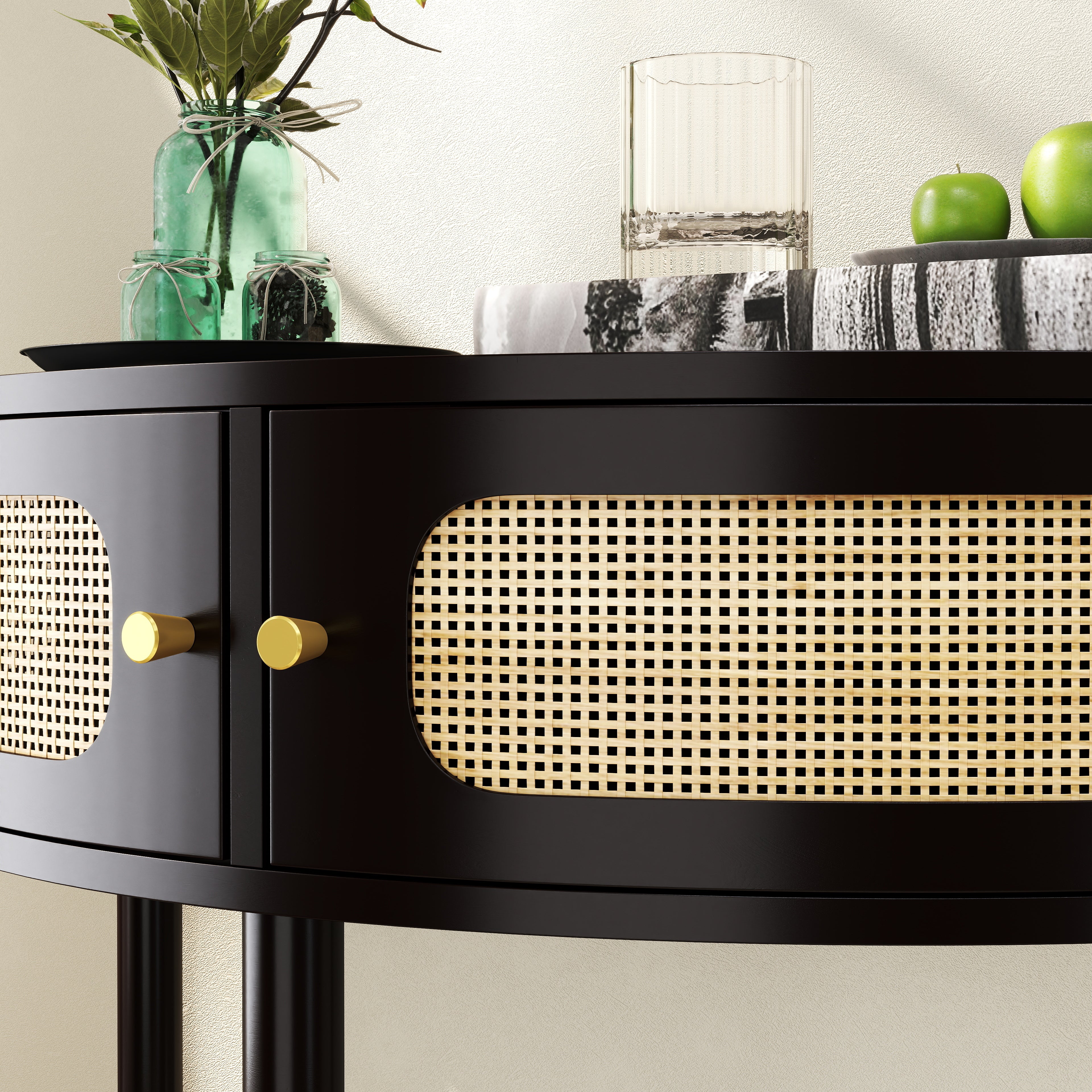 Unique Half Moon Design End Table with Sliding Rattan Door