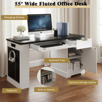 55" Modern Fluted Office Desk with Storage Cabinet & Drawers