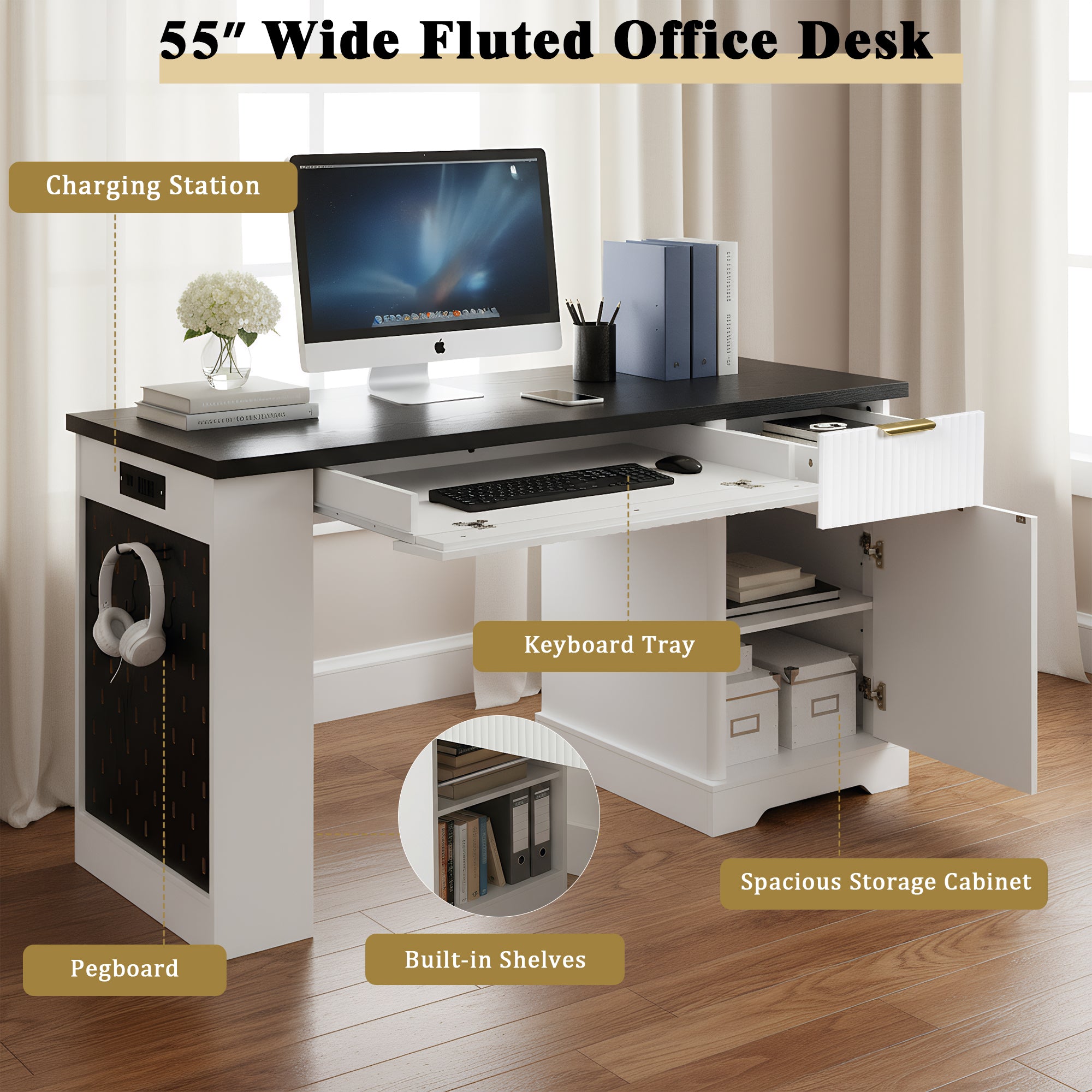 55" Modern Fluted Office Desk with Storage Cabinet & Drawers