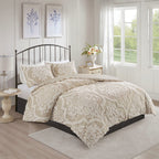 King/Cal King 3 Piece Tufted Cotton Chenille Damask Duvet Cover Set