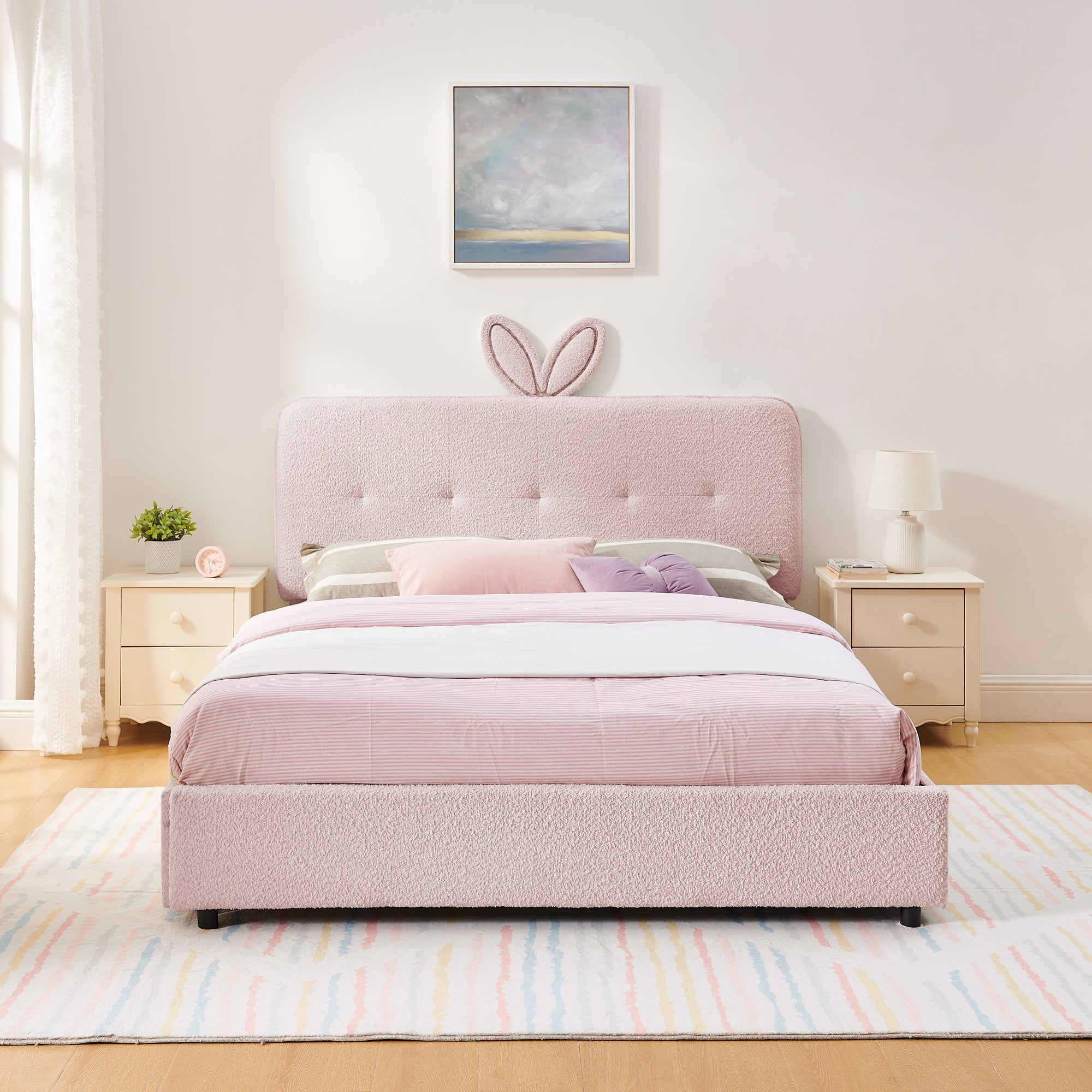 Queen Size Kids Upholstered Bed with Rabbit Ear Headboard