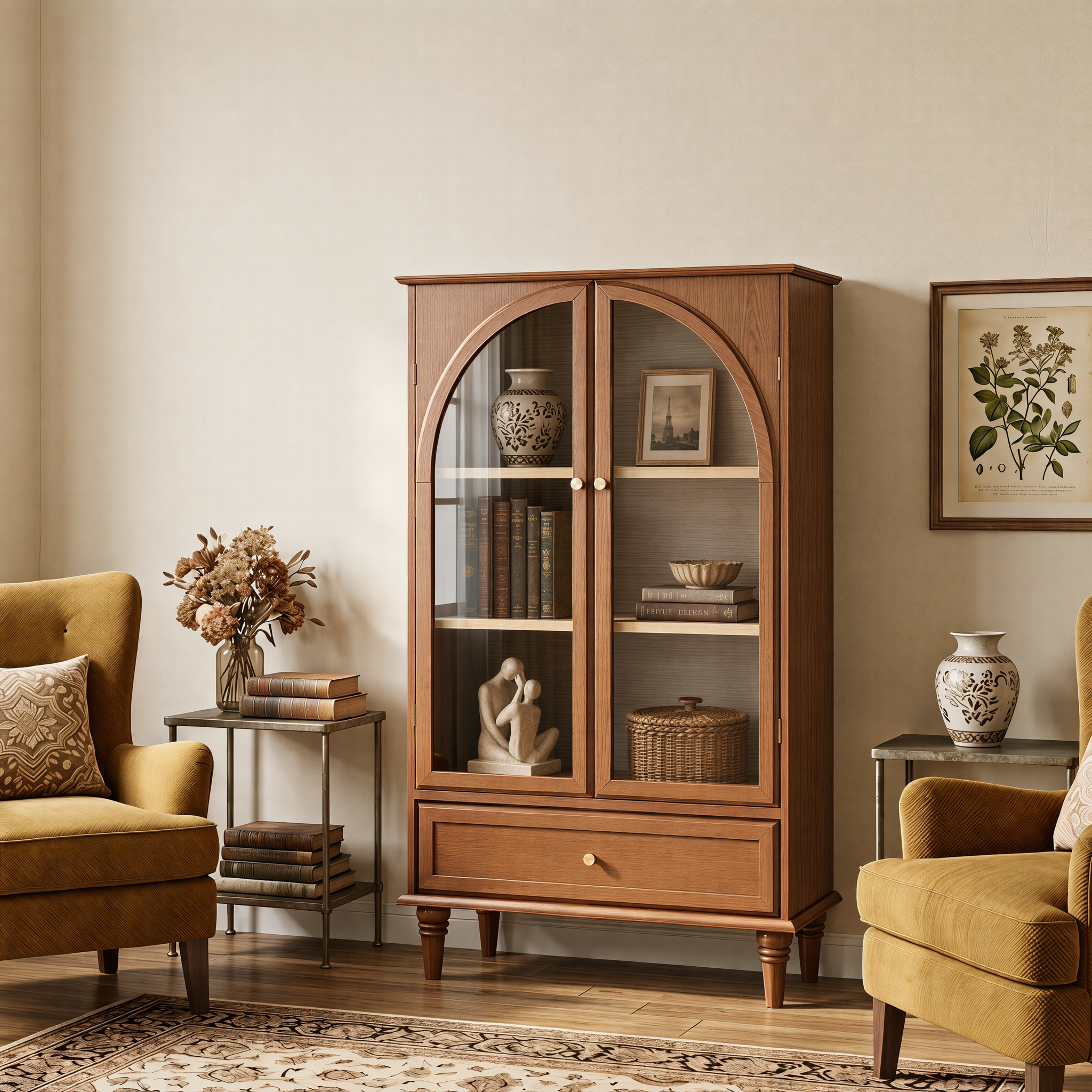 Vintage Farmhouse Arched Glass Accent Cabinet