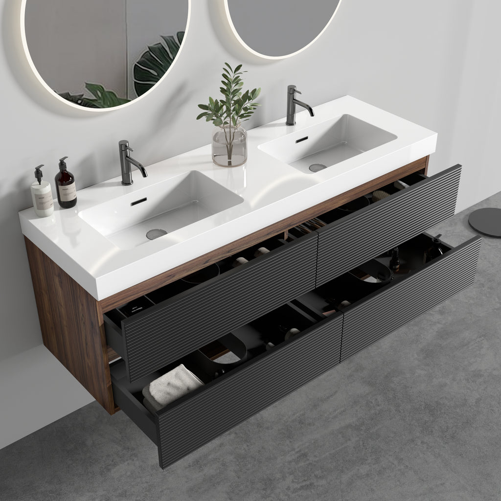 Grace 60-Inch Wall-Mounted Bathroom Vanity, Walnut and Black, Double Sink
