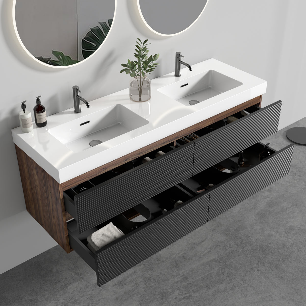 Grace 60-Inch Wall-Mounted Bathroom Vanity, Walnut and Black, Double Sink