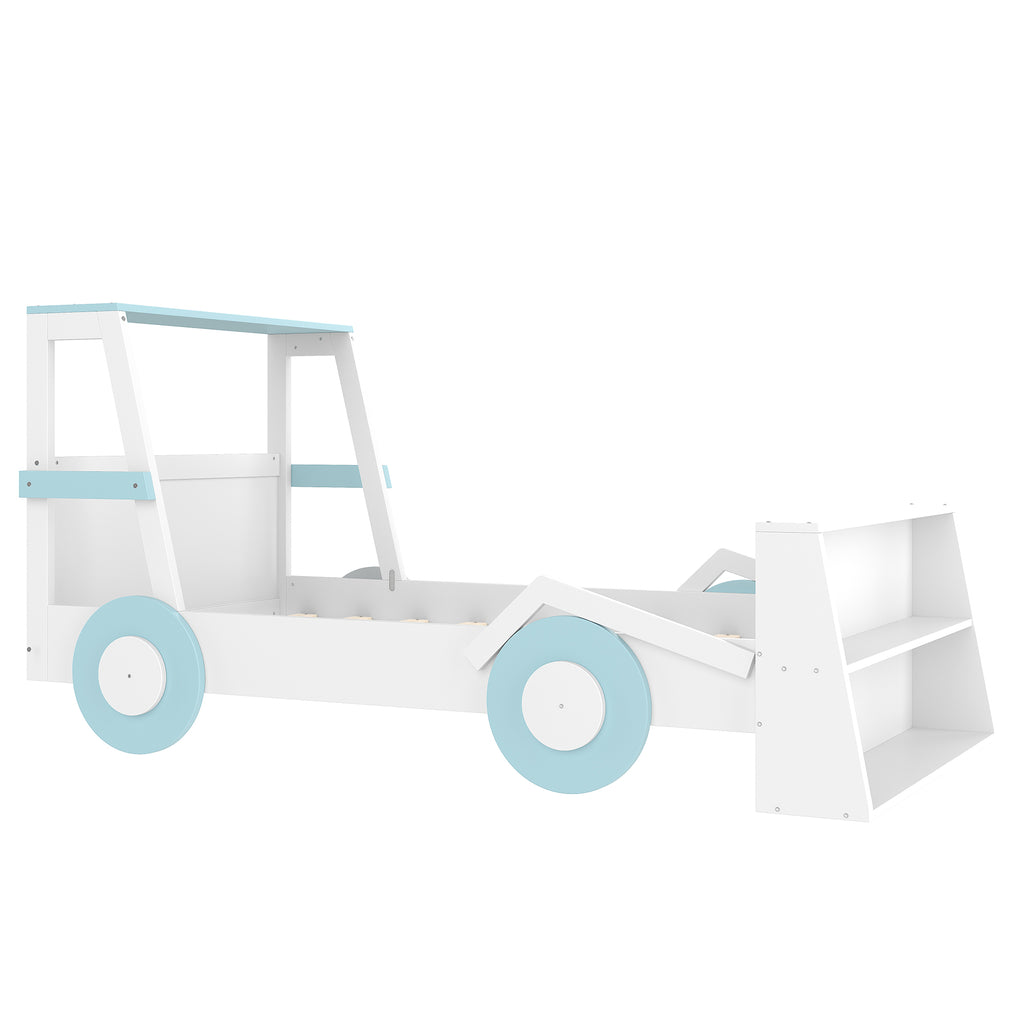 Twin Size Car Bed with Storage Shelves, Kids Platform Bed