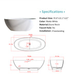 Solid Surface Matte Tub - 70.8" Freestanding Bathtub