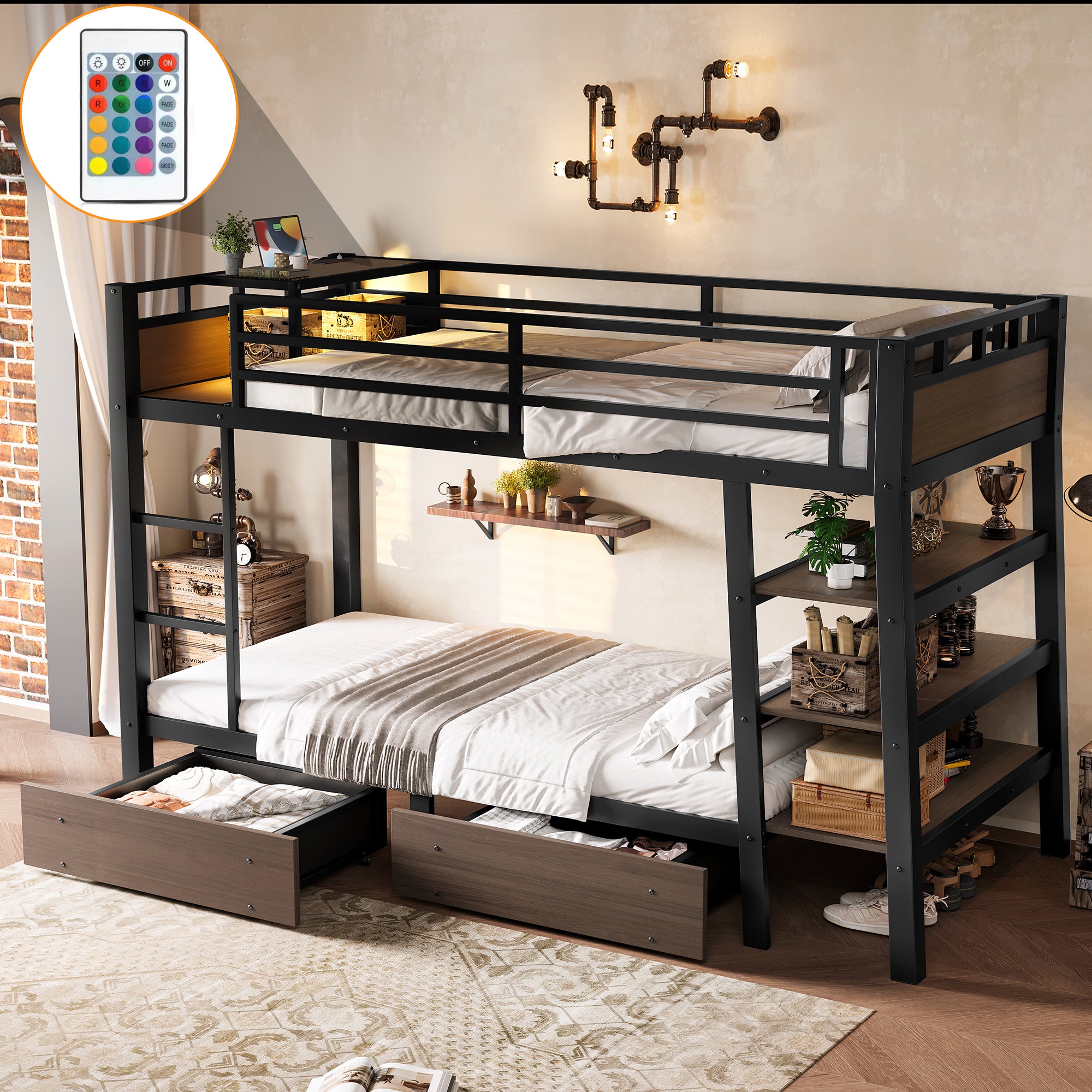 Twin Size Metal Bunk Bed with Storage Shelves and USB Power