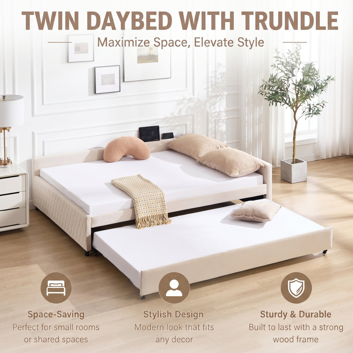 Upholstered Daybed with Trundle, Full and Twin, Beige Velvet