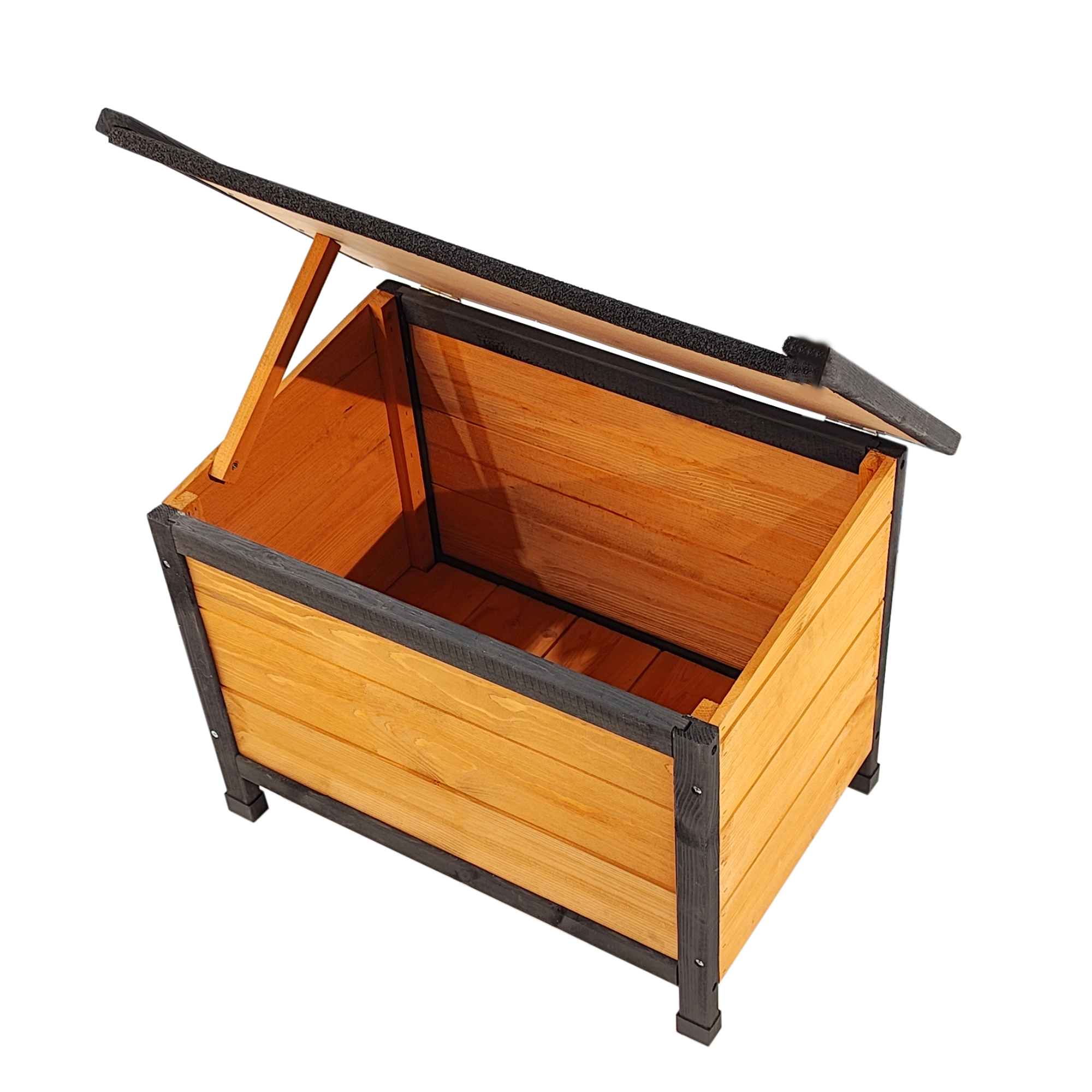 Wearable and Strong Wooden Dog House with Metal Bowls and Toy Box