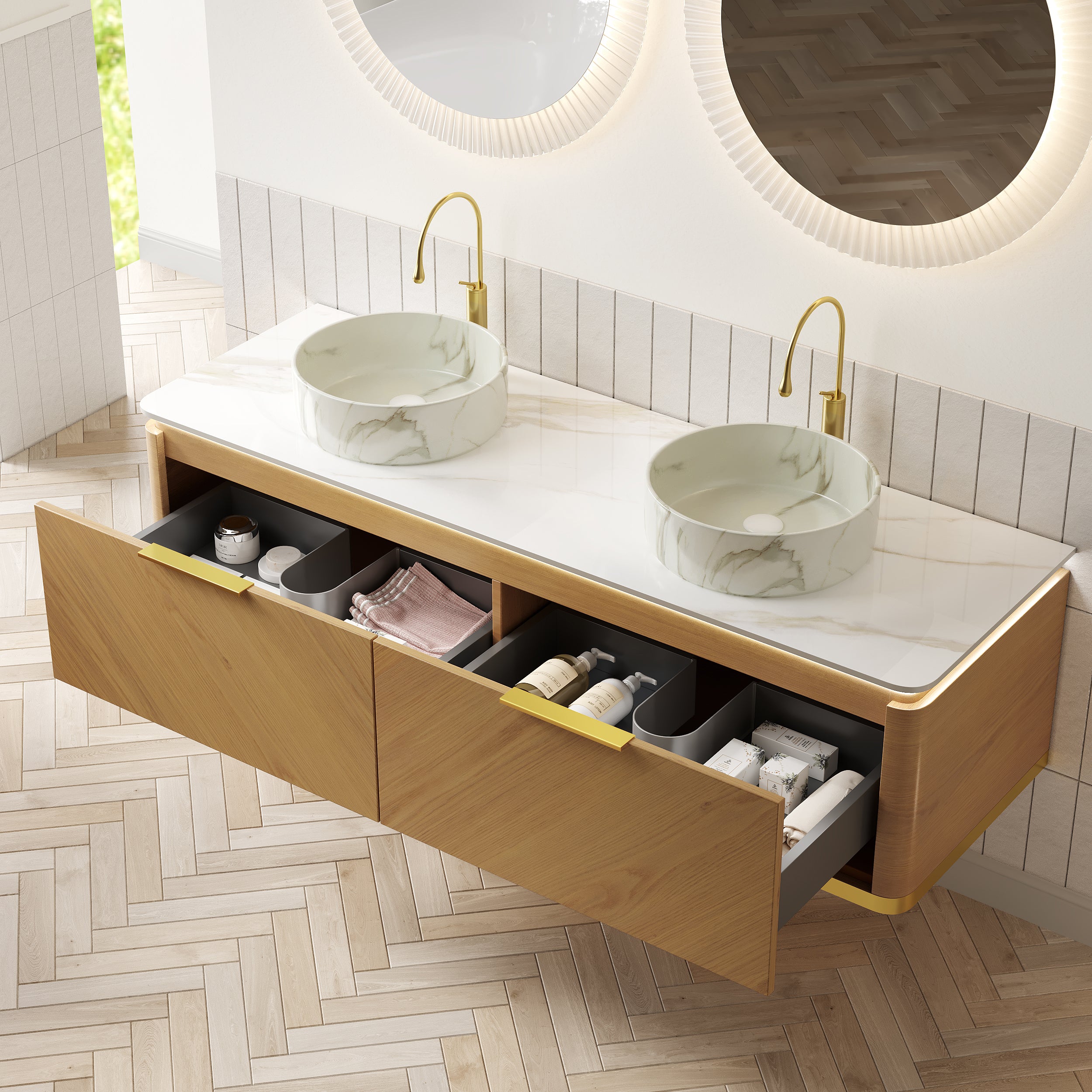 DIPA 60" Bathroom Vanity & Sinks, Floating Plywood Storage Cabinet