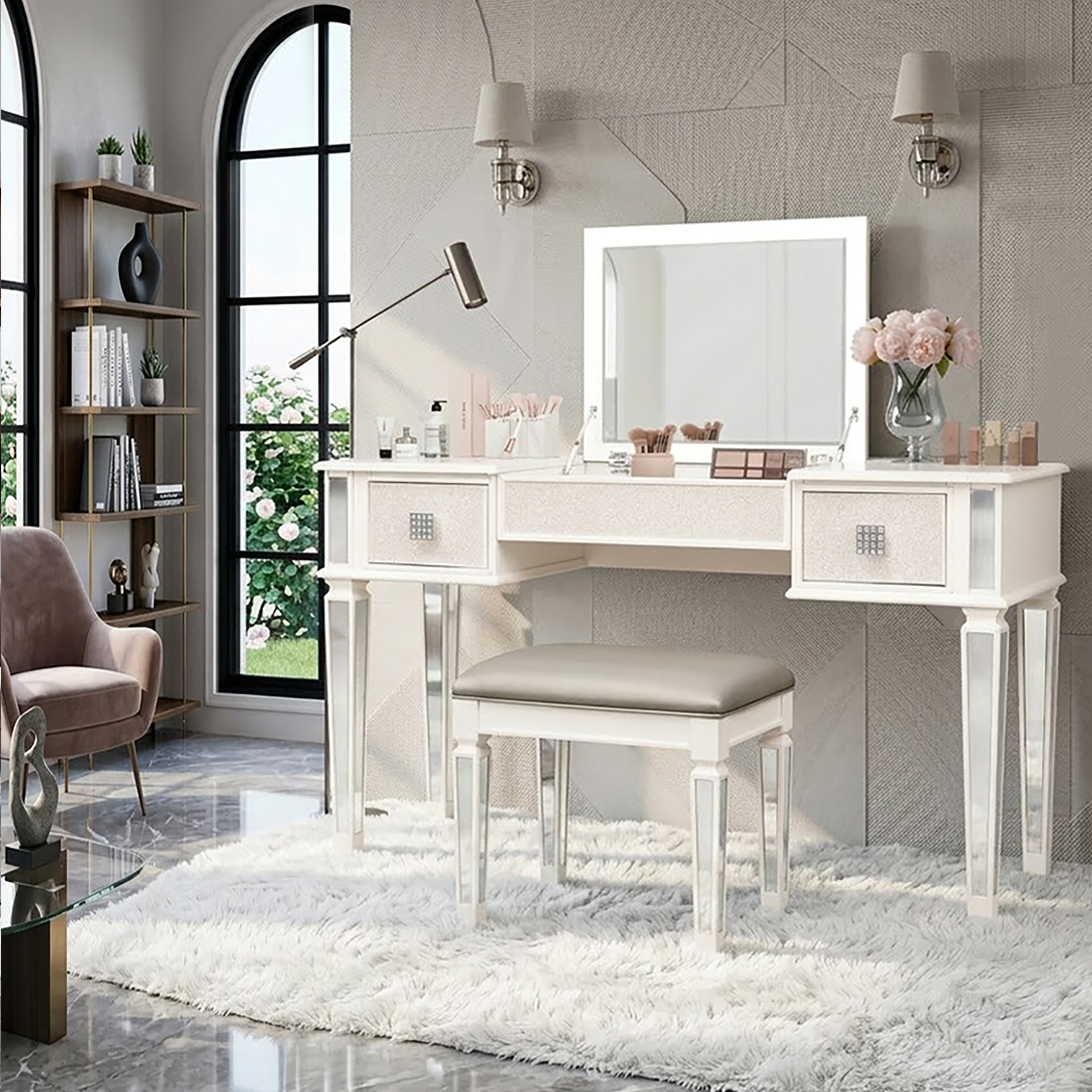 Mirrored Vanities Desk with Drawers, Mirror, and Stool Set