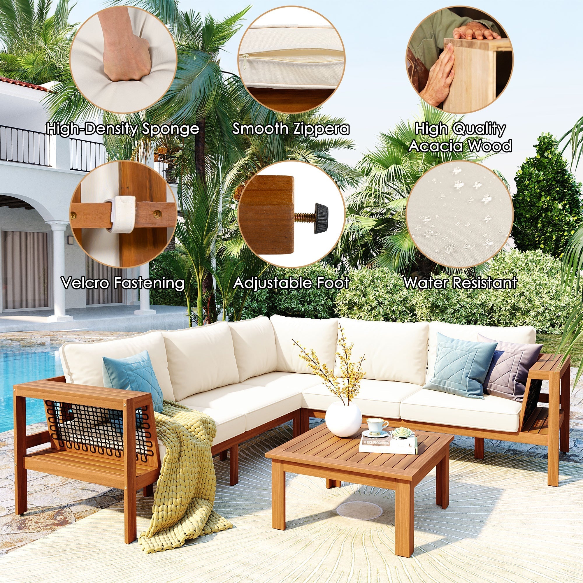 GO 4 Pieces Outdoor Acacia Wood Sofa Set with Coffee Table