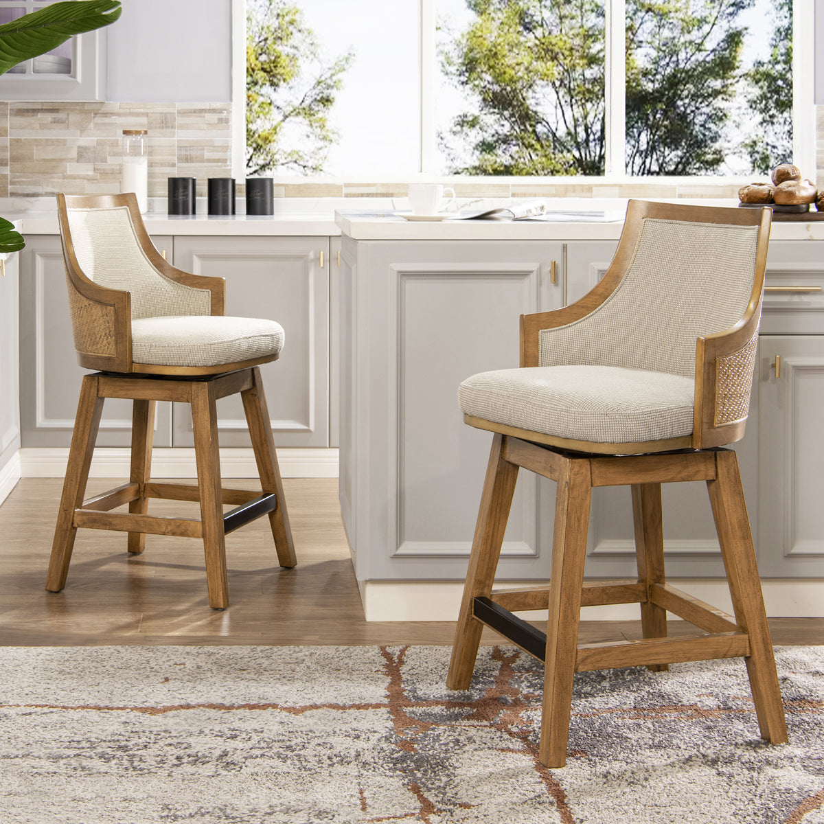 Bahama 26-Inch Cane Rattan High-Back Swivel Counter Stool, Beige