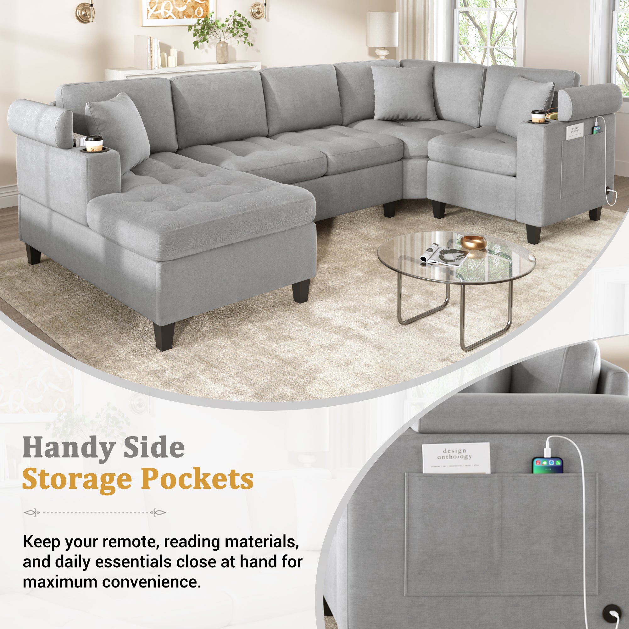 Modern U-Shaped Sectional Sofa with Cup Holders and USB Ports