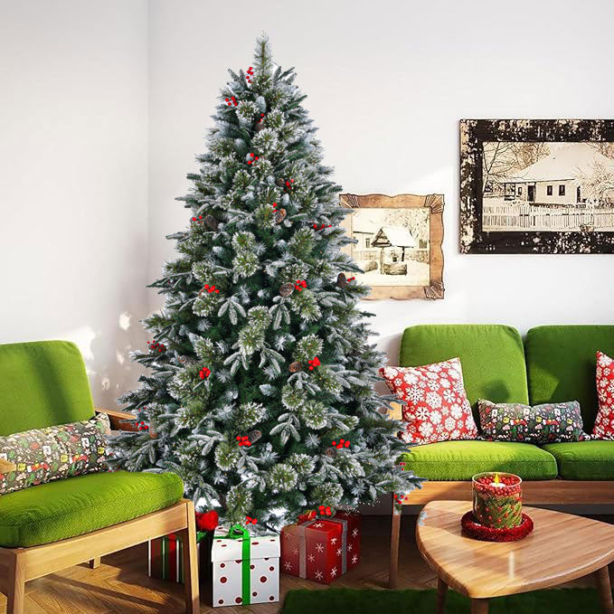 8-Foot Artificial Christmas Tree with Pinecones and Berries, Pre-Decorated, Green