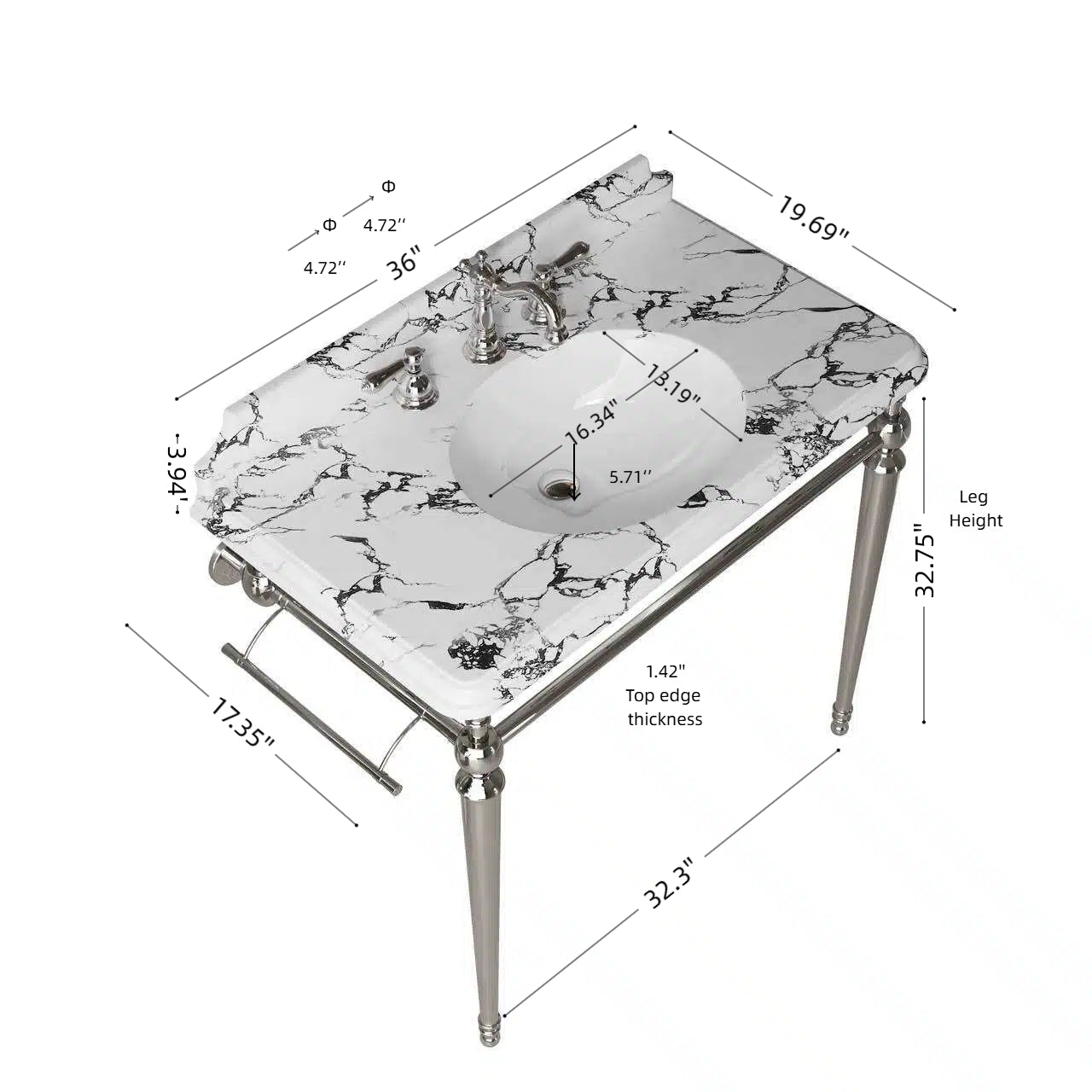 VICI 36" Bathroom Console Sink, Undermount Ceramic Vanity Basin