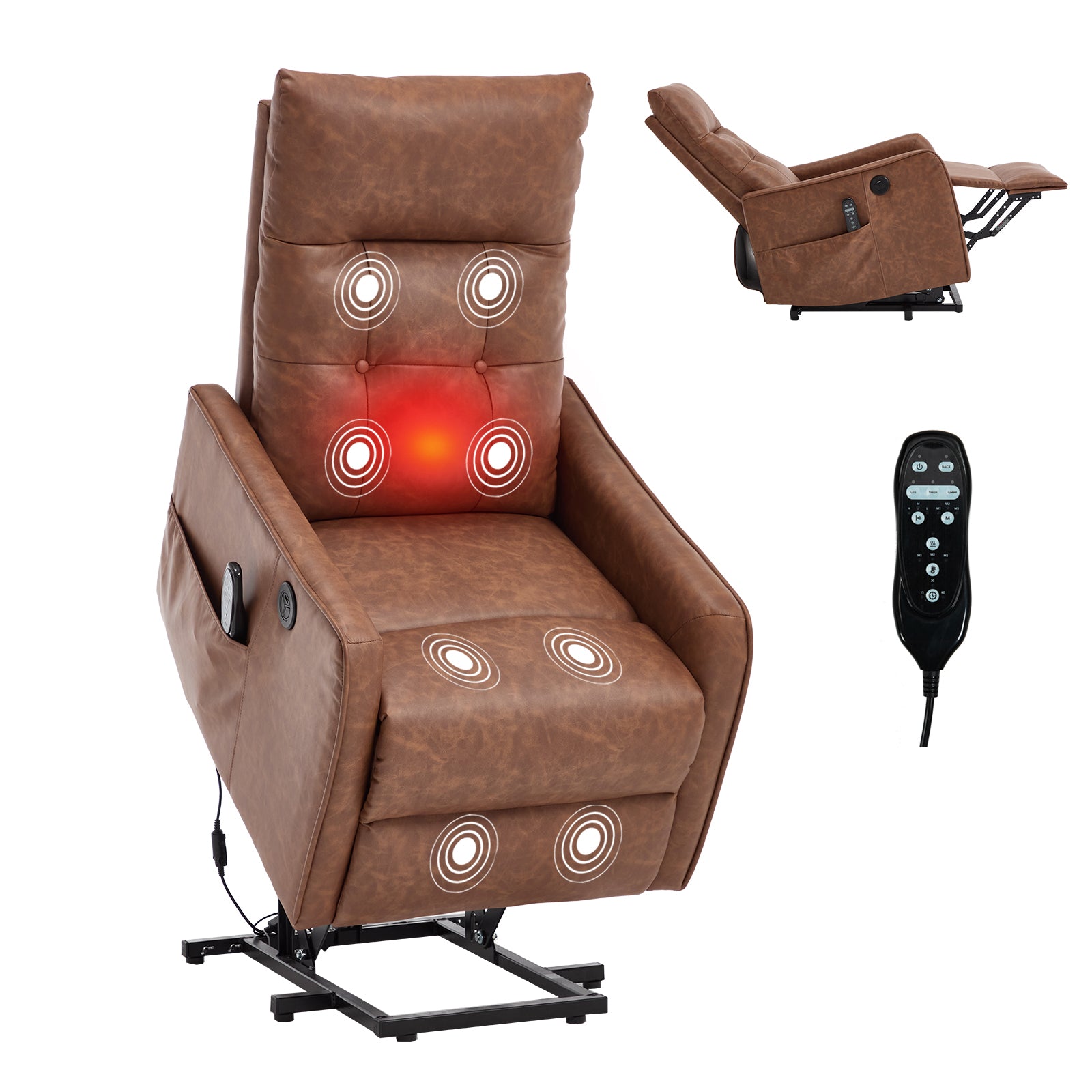 Brown PU Single Motor Power Lift Recliner Chair with Massage and Heat