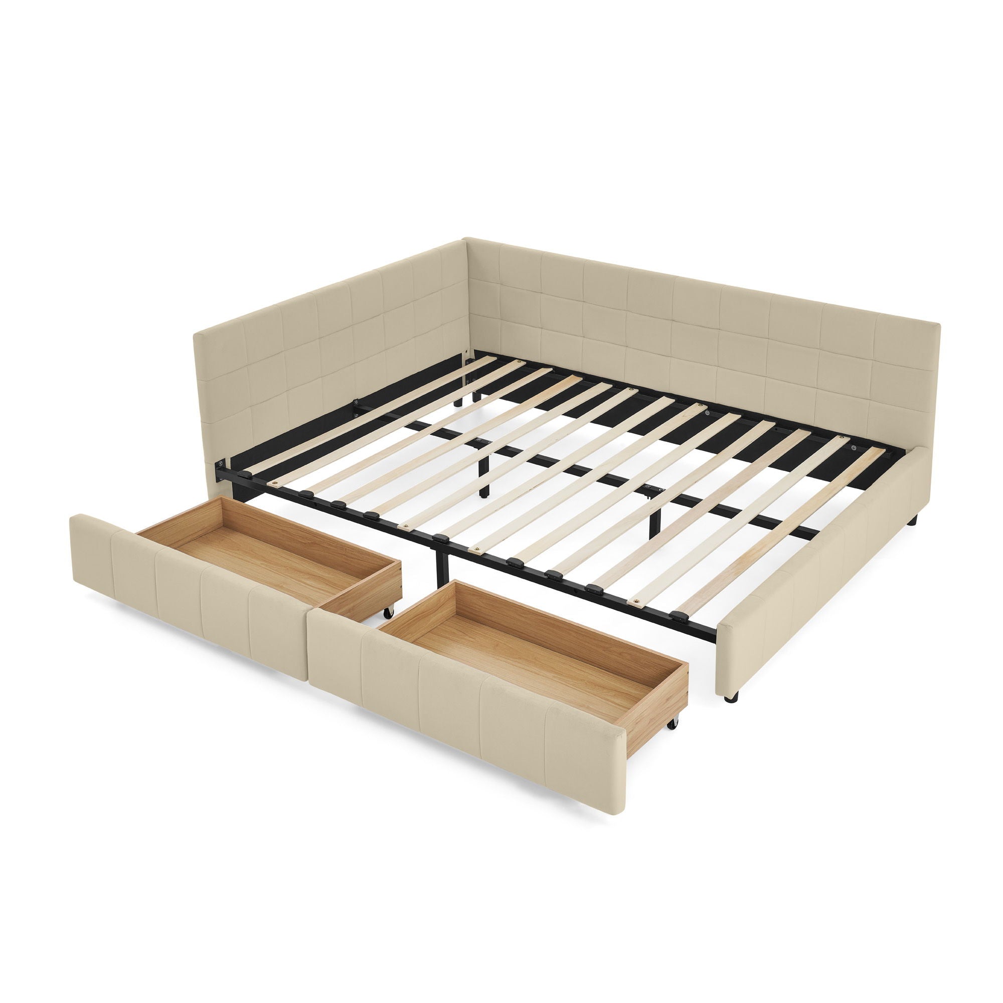Mid-Century Storage Upholstered Tufted Bed Frame with Backrest and Armrests