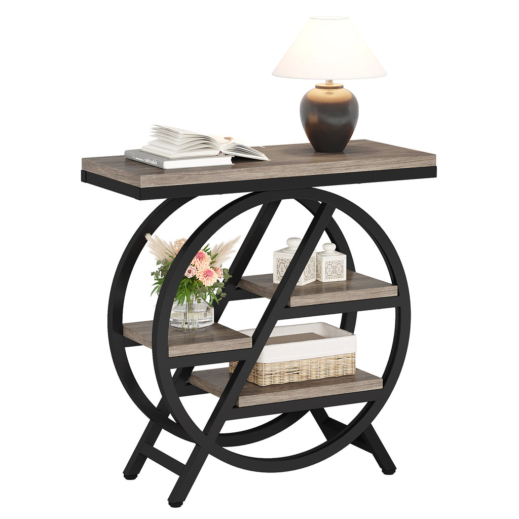 25.59" Industrial Narrow End Table with 3-Tier Storage Shelves