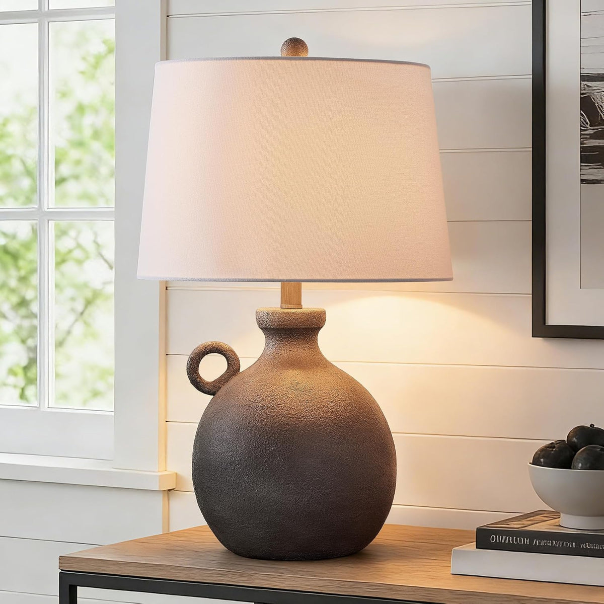 24-Inch Farmhouse Table Lamp, Resin Base, Brown, 3-Way Dimmable