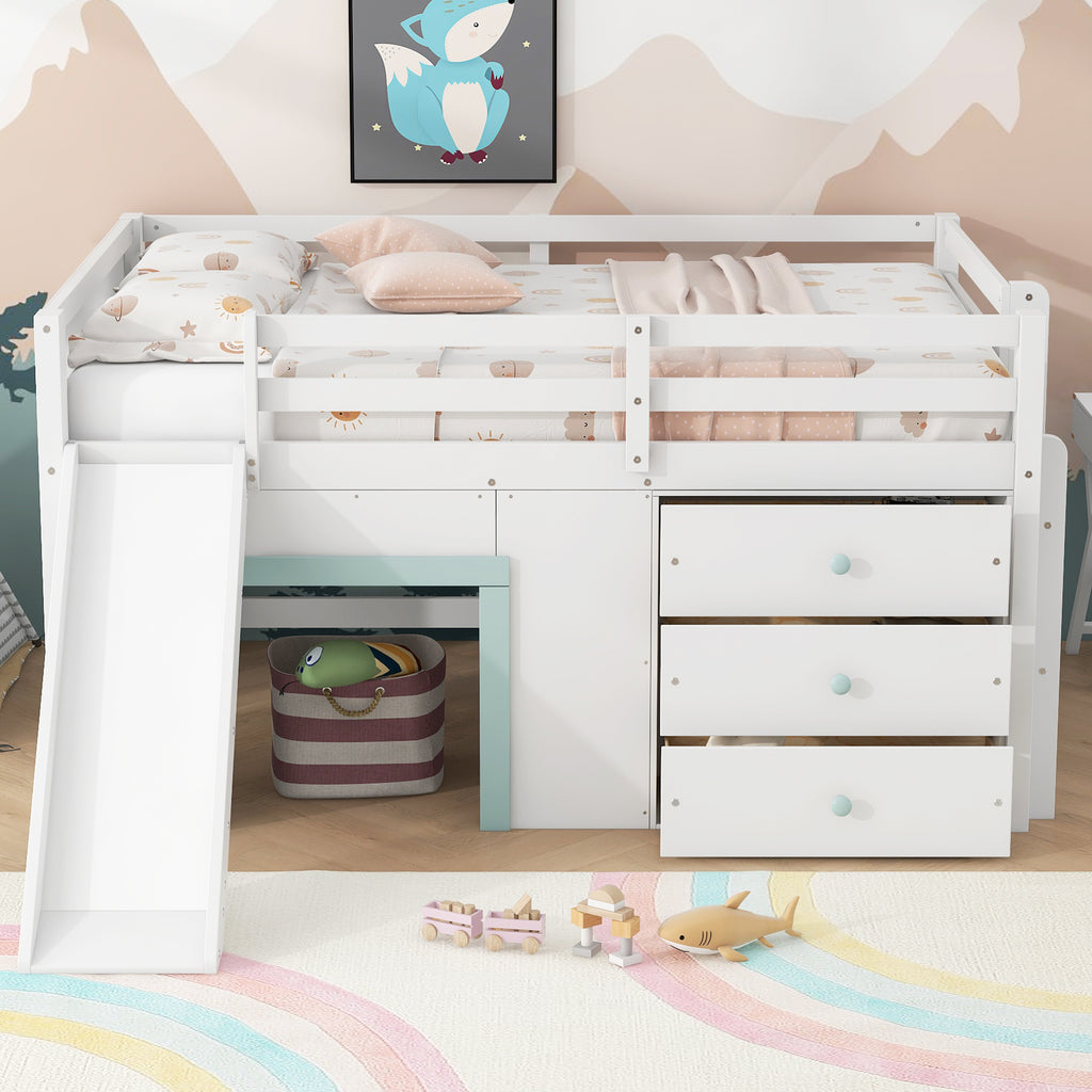 Full Size Low Loft Bed with Slide and Storage Drawers