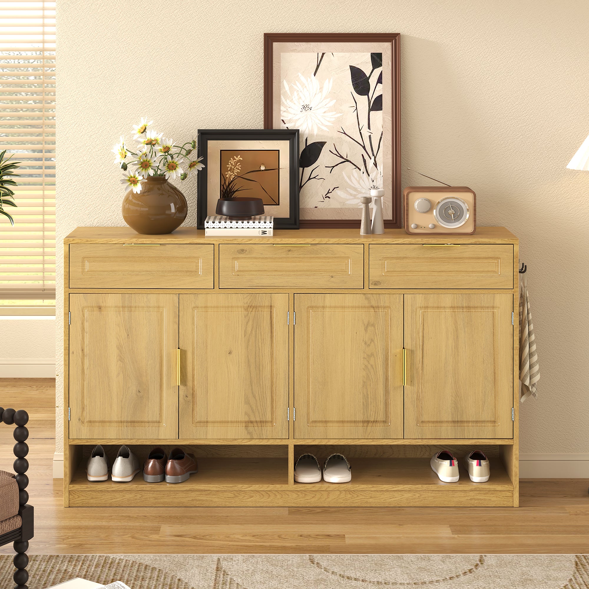 U-Style Farmhouse Sideboard with 3 Drawers & 4 Doors