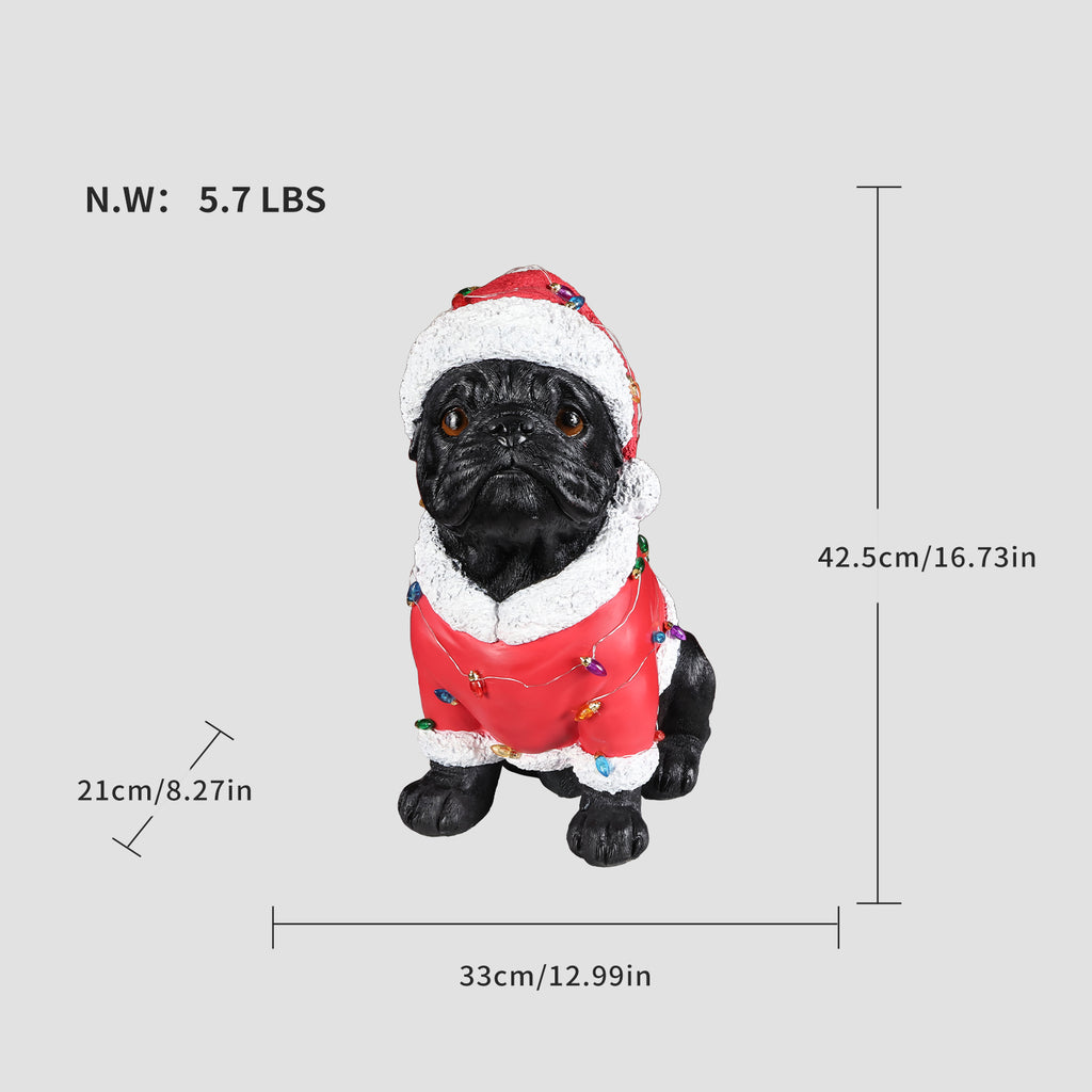 Christmas Pug Statue, Holiday Dog Figurine in Santa Outfit