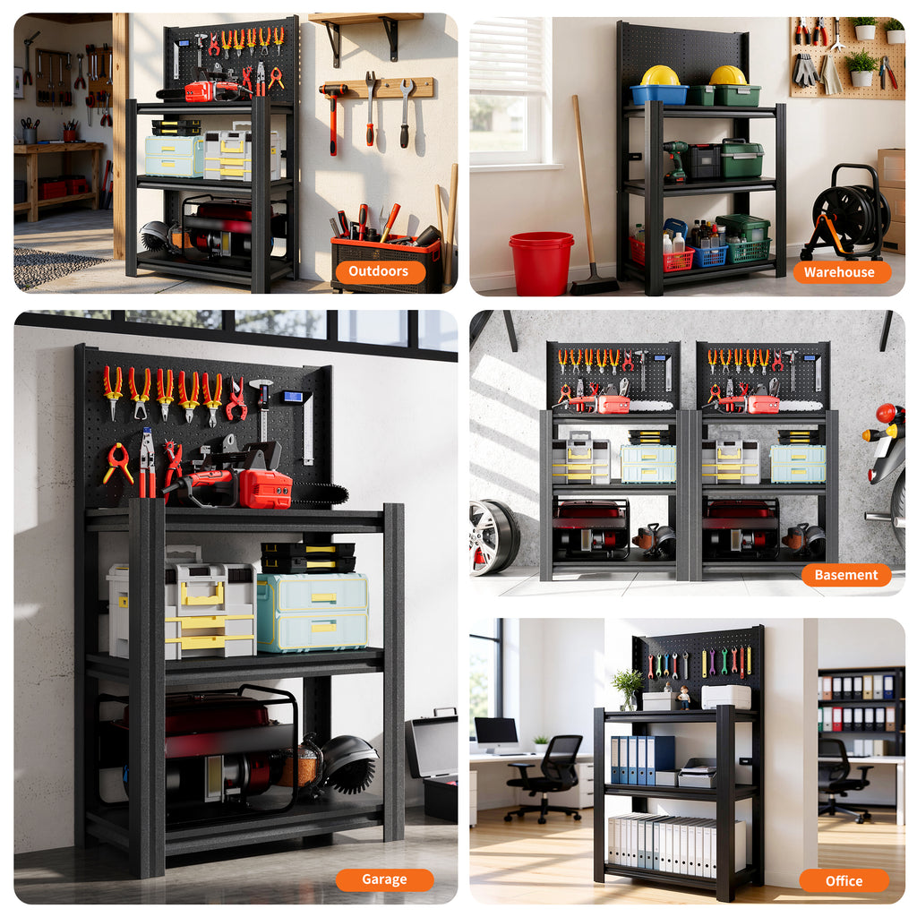 3-Tier Heavy-Duty Metal Storage Shelving Unit with Pegboard