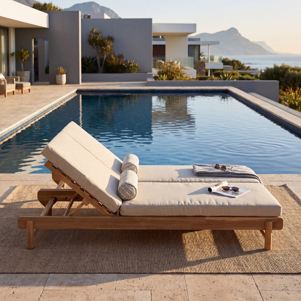 Light Teak Acacia Wood Double Chaise Lounger Set: 1 Frame + 2