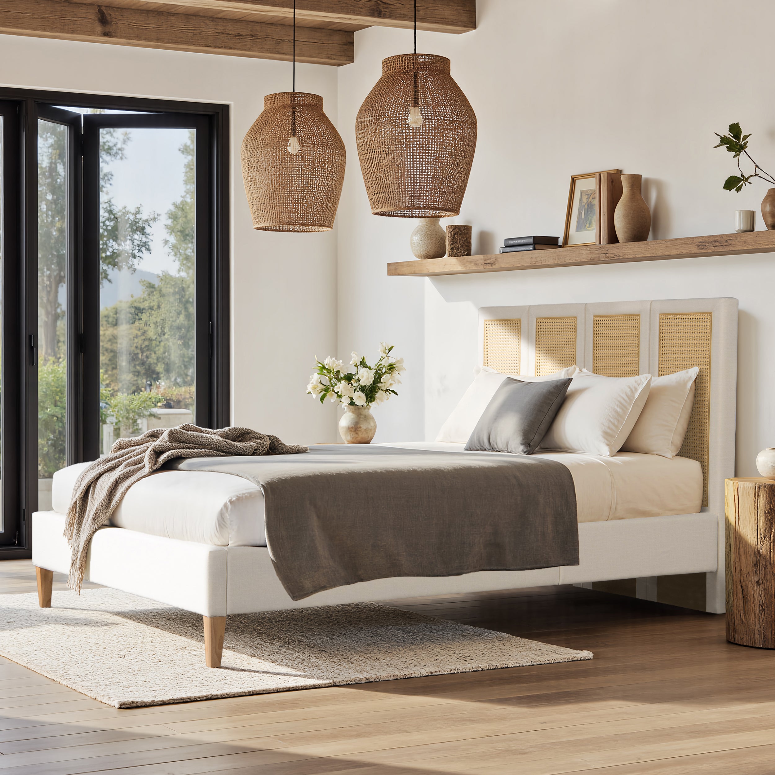 Toscana Queen Upholstered Cane Back Platform Bed, Antique
