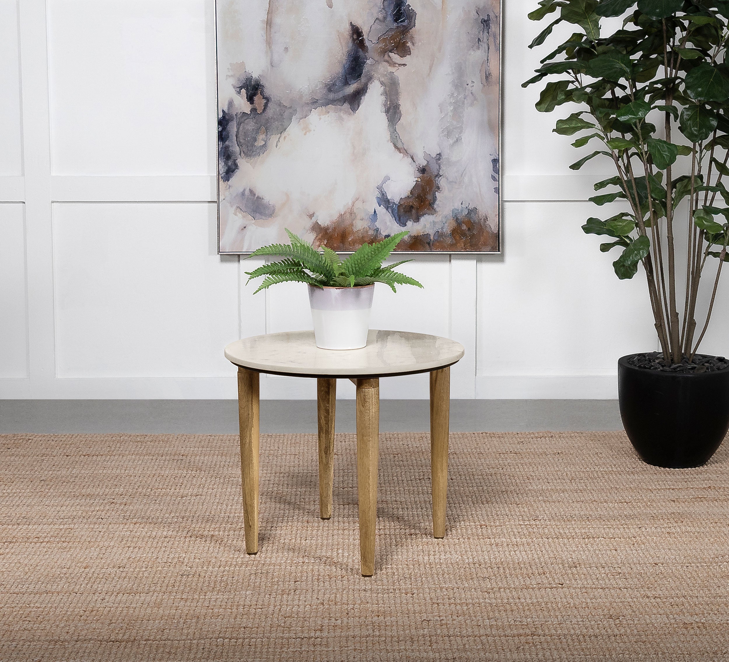 Aldis Round Marble Top Side End Table White and Natural-