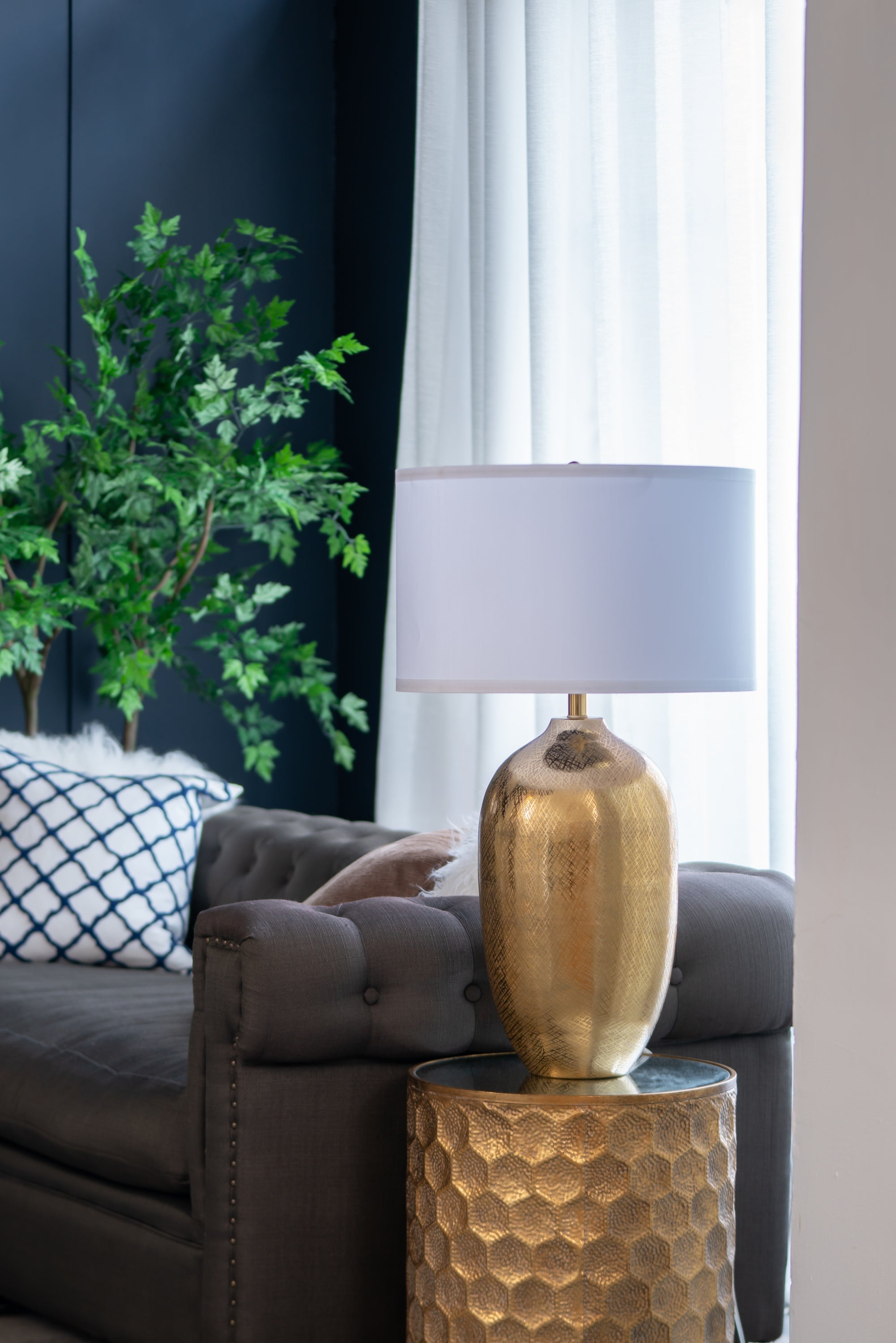 D18x31" Round Aluminum Sheet Gold Table Lamp with White Fabric Shade