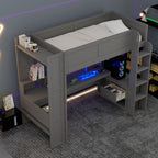 Wood Twin Size Gaming Loft Bed with Desk, Multi-storage Shelves, LED and Charging Station
