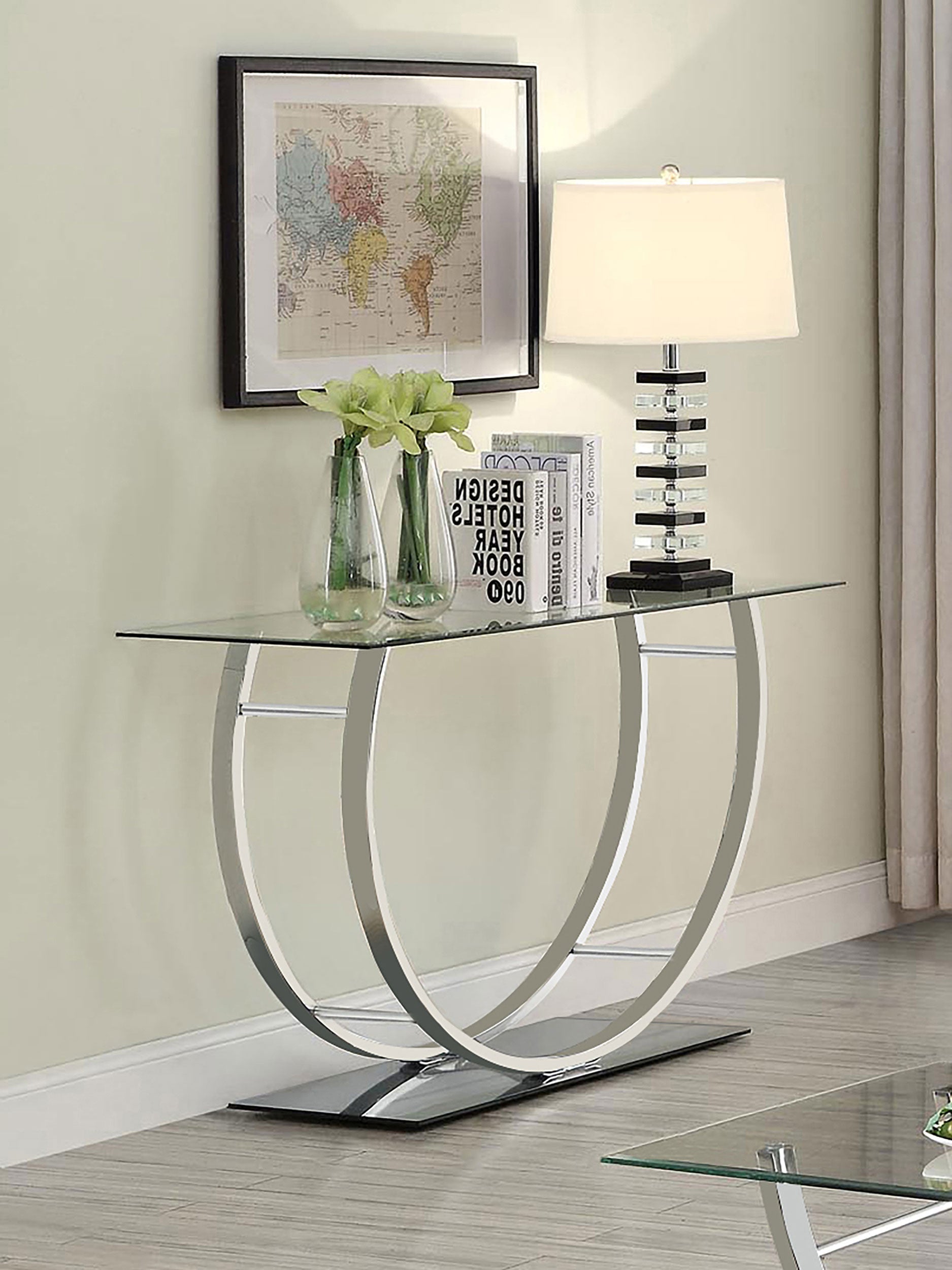 Danville U-shaped Glass Top Entryway Console Table Chrome-CoasterEssence